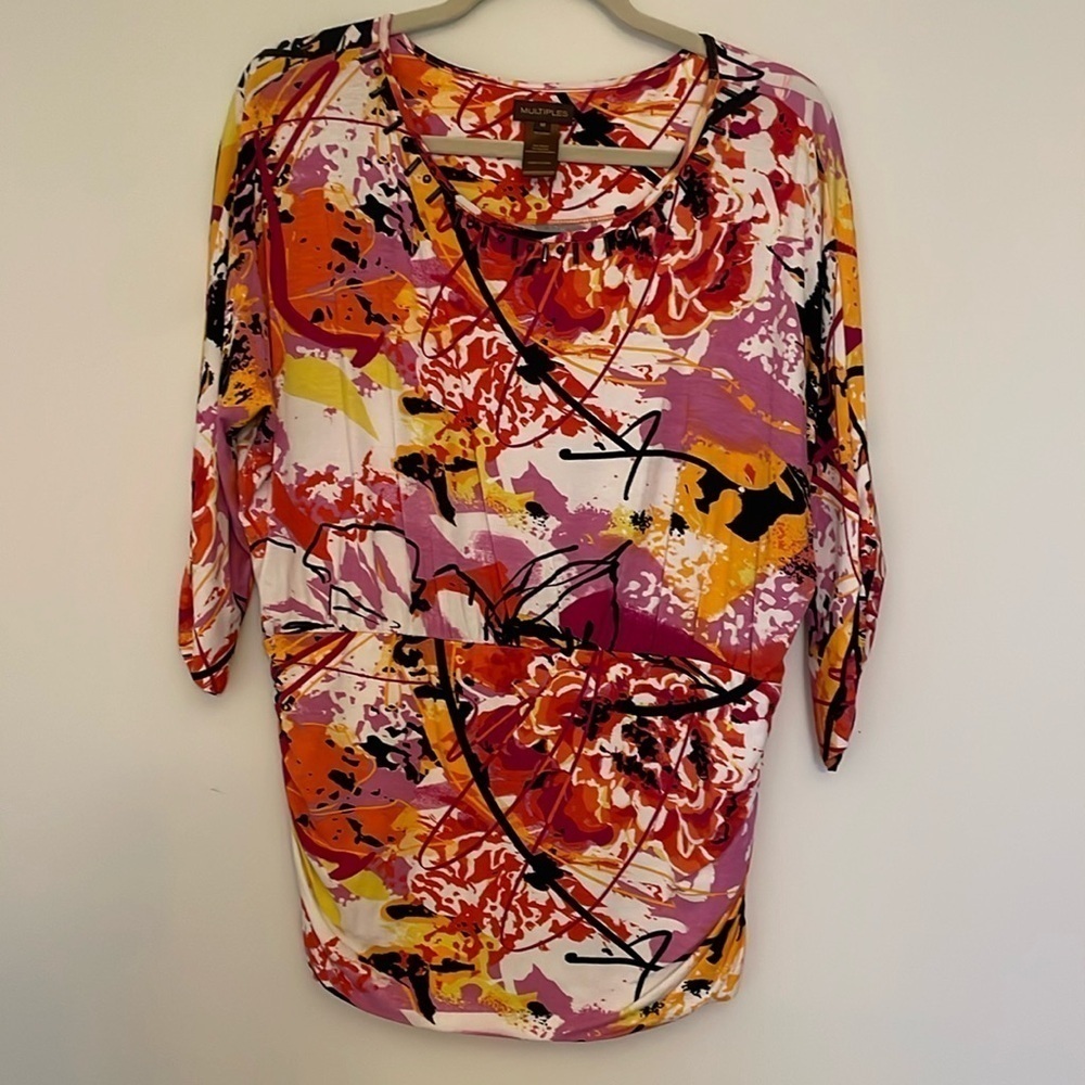 MULTIPLES Soft Knit Dolman Sleeve Top Blouse Floral Paint Design Pink Orange M
